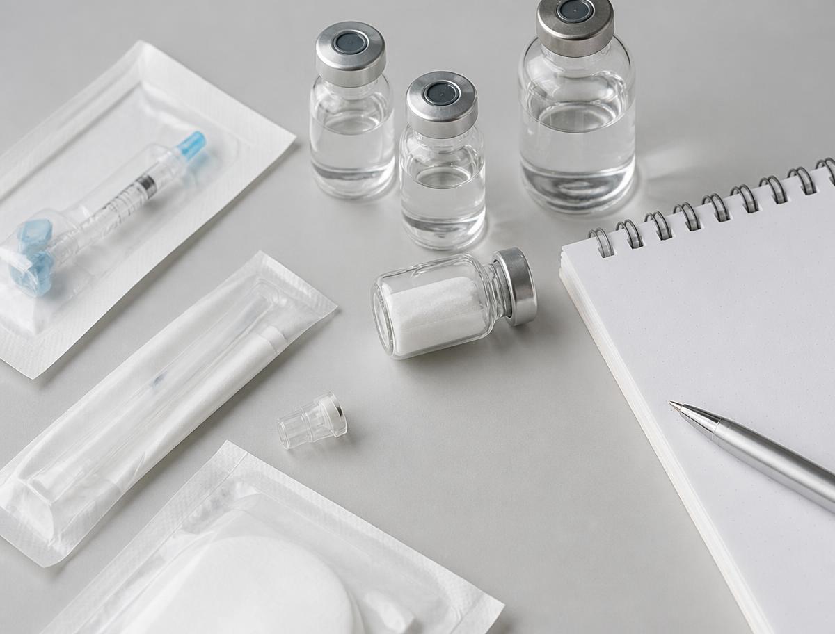 Clinical flat lay of medication vials and sterile supplies